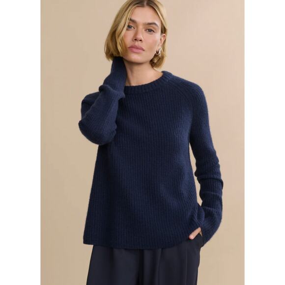 Jenni Kayne XS Oversized 100% Cashmere $425 Fisherman Sweater Crewneck Navy Blue - Picture 1 of 10